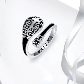 Jnrbecm Cross Spoon Rings for Women Flower Cross Rings Vintage Oxidized Faith Rings Open Adjustable Spoon Rings Inspirational Jewelry Stainless Steel Rings for Women Thumb Jewelry