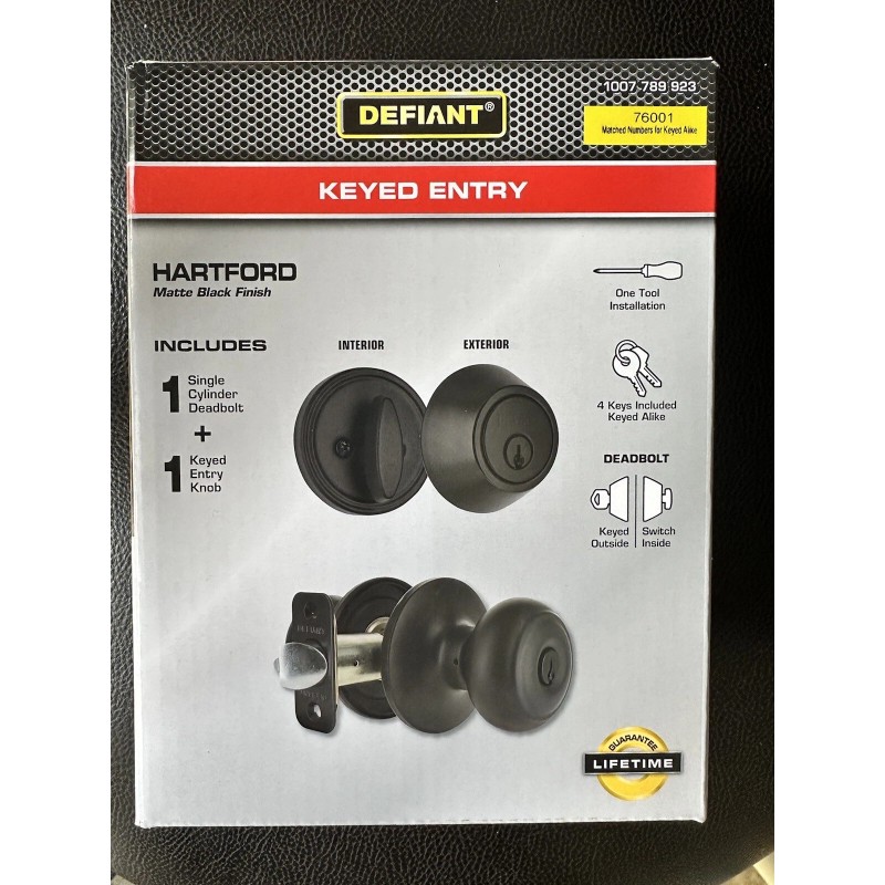 Defiant 🌟 Door & Deadbolt Matte Black Keyed The Same