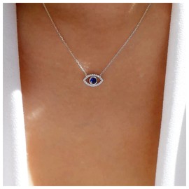 Erimberate Bohemian Sapphire Evil Eye Pendant Necklace Silver Crystal Eye Necklace Chain Blue Cz Devil Eye Choker Necklace Paved rhinestone Demon Eye Necklace Jewelry for Women and Girls Gifts