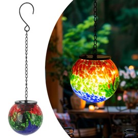 VEWOLIGHT Hanging Solar Lanterns Outdoor Waterproof, Hanging Glass Solar Lantern with Hook, Gazing Ball Lantern Decor for Tree Yard Patio