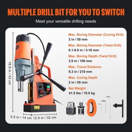 VEVOR Magnetic Drill，Portable Electric Magnetic Drill 1450W 1.57" Boring Diameter 12500N 850 RPM for Home Improvement and Industrial Use:_Core Drill 1-Piece