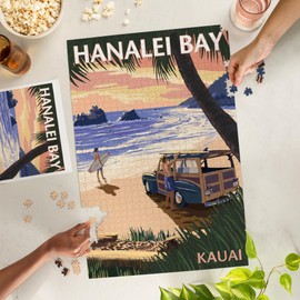 Lantern Press Made in USA Puzzle for Adults - 1000 Pieces, Reference Poster, Premium Box, Hanalei Bay, Kauai, Hawaii, Woody on Beach