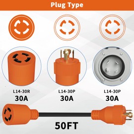 Gloppers 30 Amp Generator Cord and Power Inlet Box, 50FT 125V/250V 4 Prong SJTW Generator Extension Cord, Pre-Drilled 30 Amp Inlet Box Interlock Kit NEMA L14-30P to L14-30R Twist Locking ETL Listed