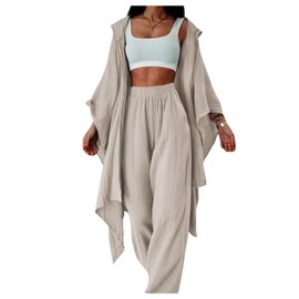 SOLY HUX Women's 2 Piece Outfit Hooded Kimono Flowy Cardigan High Waisted Pants Casual Suits Plain Apricot Small