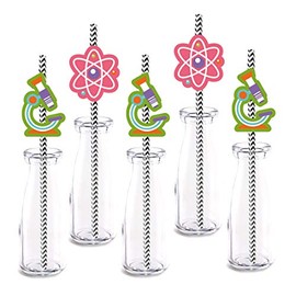 Science Party Straw Decor, 24-Pack Scientist Theme Baby Shower Birthday Party Decorations, Paper Decorative Straws