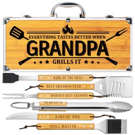 Fathers Day Grandpa Gifts from Grandkids, Grilling Gift Heavy Duty Wooden BBQ Grilling Accessories Kit for Backyard, Thick Stainless Steel Grill Utensils with Non-Slip Handle Tools in Portable Bag