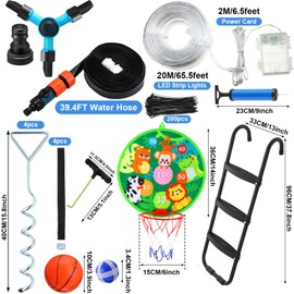 Gemscream Trampoline Accessories Kit, 3 Step Trampoline Steps 72ft 200 LED Trampoline Lights 4 Trampoline Stakes with 4 Belt, T Hooks, 39.4ft Trampoline Sprinkler Trampoline Basketball Hoop Dartboard