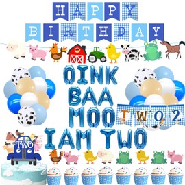 Oink Baa Moo Im Two Birthday Boy,Farm Animal 2nd Birthday Party Decorations Boy,2nd Birthday Party Decorations Boy.Blue 2nd Truck Birthday Party For Boy