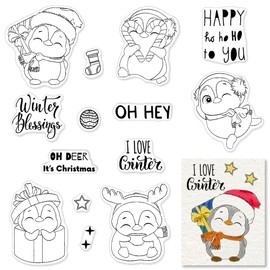 Christmas Penguin Clear Stamps for Card Making Decorative Xmas Theme Winter Blessing Words Penguin ​Clear Rubber Scrapbooking Stamps with Sentiment for Card Making DIY Photo Album