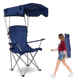 KOCASO Foldable Camping Chair with Canopy Shade, Beach Canopy Chair, Portable Canopy Chair w/Cup Holder, Max 330LBS, Sunshade Chair for Beach Poolside Travel Picnic, NavyBlue