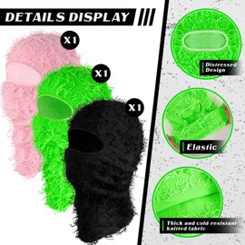 Newcotte 3 Pcs Distressed Balaclava Full Face Ski Mask Cool Knitted Balaclava Windproof Ski Mask for Men Women Cold Weather (Black, Green, Pink)
