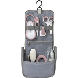 BÉABA - Toiletry bag for babies on the go - 9 parts included: bath thermometer, digital thermometer, teething ring, gum massager, nasal aspirator - dusky pink