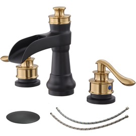 BWE Black and Gold Widespread Bathroom Faucet, 3 Hole, 8 Inch, Two Handles, Commercial Bathroom Sink Faucet with Brass Pop Up Drain Stopper and Supply Lines, Lead-Free