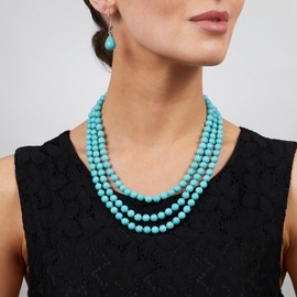 Stunning Three Strands 8mm Round Blue Turquoise Gemstone Beaded Necklace for Women