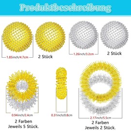 18 Hedgehog Ball Massager Set with 10 Acupressure Ring, 4 Metal Hedgehog Balls, 4 Acupressure Bracelets, Massager for Pain Relief and Relaxation, Lightweight and Portable, Skills Panic Attacks (Silver)