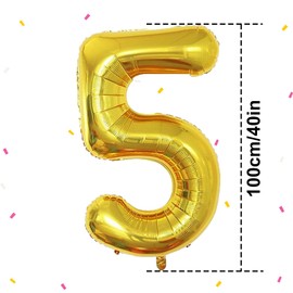 Birthday Number Balloons XXL Giant Foil Balloons 40 Inch - 101 cm Balloons Birthday Boys Girls Baby Shower Birthday Decorations Anniversary Party Decorations (Gold, 5)