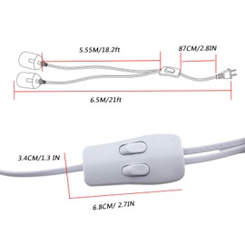 Rextin Double E26/E27 LED Light socket 21FT extension cord with On/Off switch and US AC Power Plug Bulb Socket for Pendant Lighting Bulb Lamp in Kitchen Bedroom Restaurant (21ft 1 to 2 sockets)