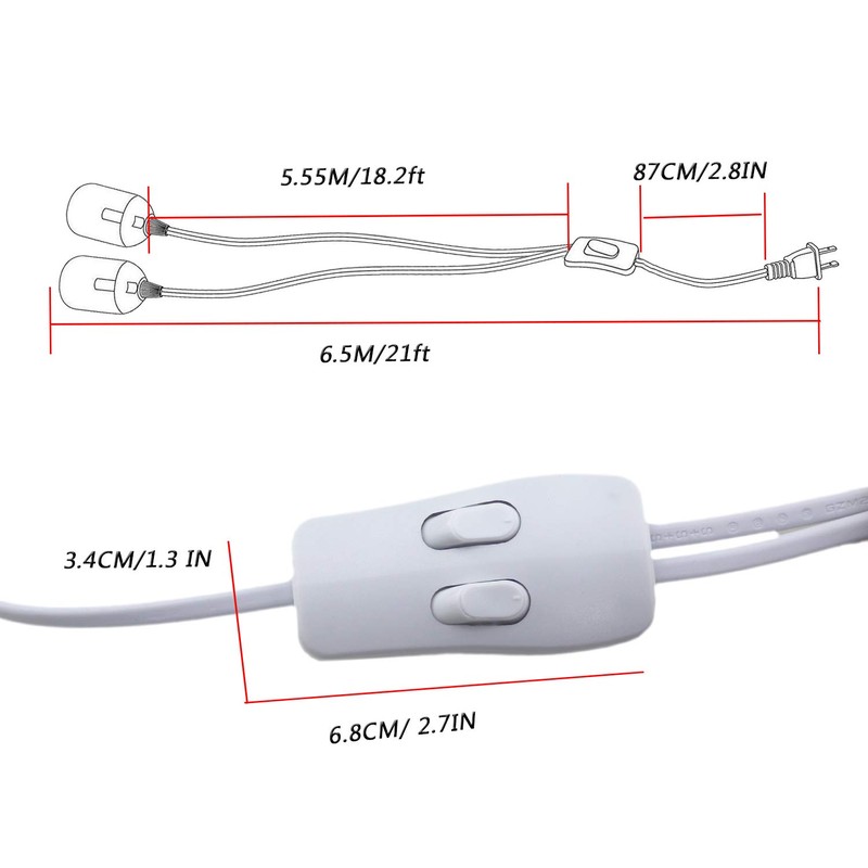 Rextin Double E26/E27 LED Light socket 21FT extension cord with