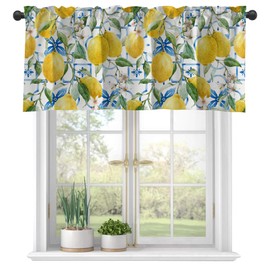 Hand Drawn Lemons and Blue Tiles Semi Sheer Valances - Windows Curtain, Rod Pocket Short Window Treatment - Light Filtering Decor for Kitchen, Living Room, Bedroom - 42"x18"