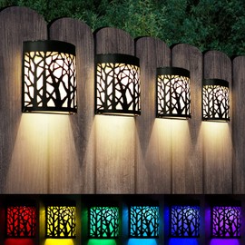DenicMic Solar Wall Lights Outdoor Wall Sconce Fence Lighting for Patio Front Door Yard Deck Stair Led Forest Decorative Lamps, Waterproof, Warm White/Color Changing (4 Pack)
