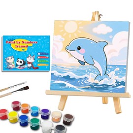Dolphin Paint by Numbers Kit for Kids with Framed, Dolphin Painting Kits for Kids Ages 4-6, DIY Paints with Numbers Easy Acrylic Oil Painting Kits for Home Wall Decor (10x10 Inch)