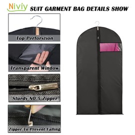 Niviy Suit Bags Garment Covers Moth Proof Clothes Covers Translucent Suit Protector with Zip Waterproof Anti-mite Breathable Garment Protectors, 5pcs 60 * 100cm (Black)
