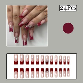 Long Square Press On French Tip Fake Nails with Red Tips, 3D Star Rhinestone Designs, Glossy Full Cover Acrylic Nails for Women and Girls