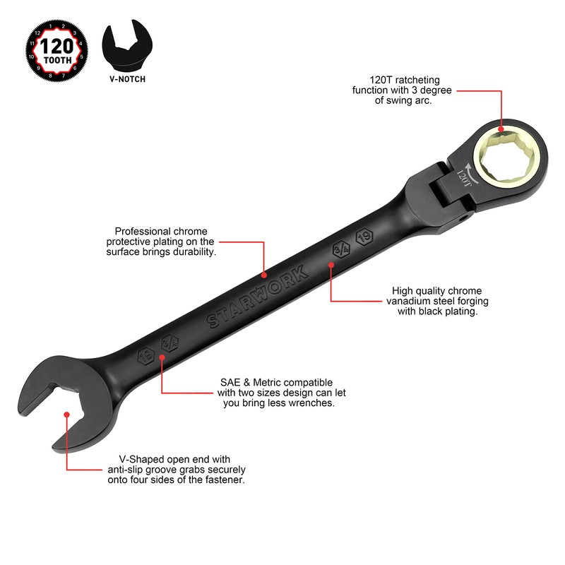 STARWORK TRUE MECHANIC™ 7Pc. 120T SAE&Metric Flexible Ratcheting Wrench Set,
