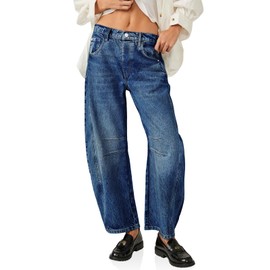 PLNOTME Women's Baggy Boyfriend Jeans Vintage Wide Leg Mid Rise Barrel Denim Ankle Pants