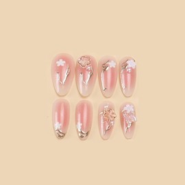 SINHOT Almond Press on Nails Medium - 3D Gold Flower Fake Nails Glossy Glue on Nails Acrylic Nails White Gradient Stiletto Artificial Nail Art White Flower Stick on False Nails with Design DIY 24 pcs