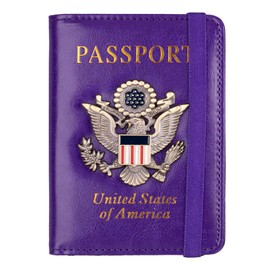 TOURSUIT RFID Blocking Passport Holder for Women Men, Leather Passport Travel Wallet with Metal 3D Metal Badge, Travel Document Holder Cover Accessories (Purple)