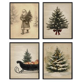 Locomiss Vintage Christmas Tree Room Wall Art Decor, Christmas Decorations, Cottagecore Rustic Winter Holiday Forest Wall Art Decor Gifts For Farmhouse Home Bedroom Bathroom, Set of 4 (8x10 Unframed)