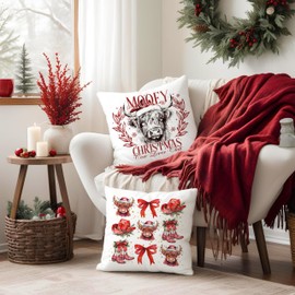 Fuasei Western Cow Christmas Pillow Covers 18x18, Western Christmas Decor, Christmas Red Bow Cowgirl Pillow Covers for Couch Bed, Country Western Decor, Christmas Living Room Bedroom Decor, Set of 2