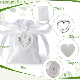 Sonekin Pack of 25 Satin Wedding Favours Gift Bags with Heart Pendant and Ribbon (White)