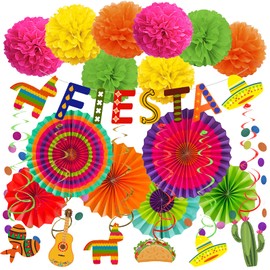 ZERODECO Party Decorations, Multicoloured Fiesta Banner Paper Fans Pompoms Garlands String Festival Theme Swirls for Fiesta Mexican Theme Cinco De Mayo Birthday Party Supplies