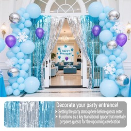 Extra Wide Blue Silver Foil Fringe Curtains, 9.9x6.5ft Birthday Decorations for Entrance Window,Metallic Streamers, Photo Booth Backdrop for Wedding Engagement Bridal Shower-3 packs each 3.3 x 6.5 ft
