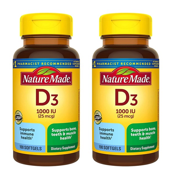 Nature Made Vitamin D3 1000 IU Supplement Liquid Softgels, 100 Count, (Pack of, 2)