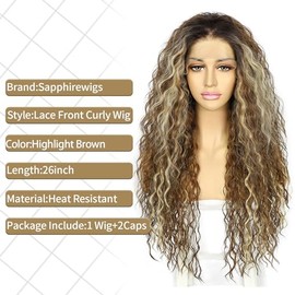 SAPPHIREWIGS Peluca Larga Y Rizada, Sintética, Con Malla Frontal, Marrón Con Rubio, Peluca Con Resaltado, Línea De Cabello Prearrancado, Sin Pegamento