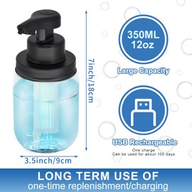 12 oz Automatic Touchless Glass Soap Dispenser, Rechargeable Hands Free Liquid Mason Jar Soap Dispenser with Electric Sensor Pump, Refillable Lotion Bottle for Bathroom Kitchen Dishwashing Countertop
