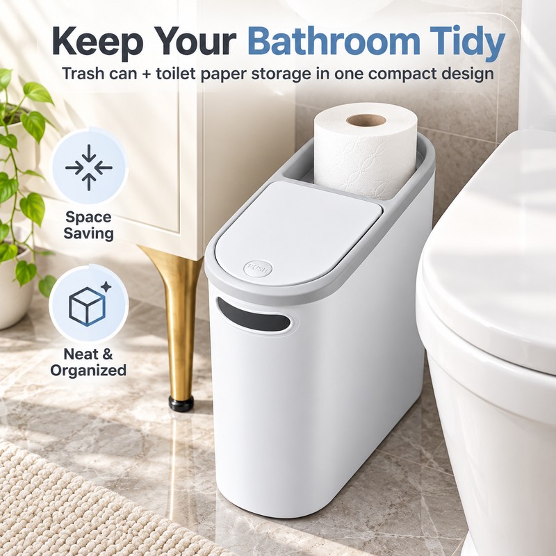 Slim Trash Can with Press-Top Lid for Small Spaces –