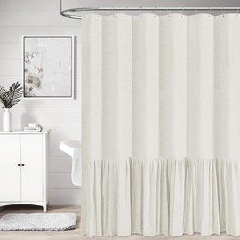 BTTN 78 Inch Long Shower Curtain - Farmhouse Thick Fabric Linen Shower Curtain Set with 12 Plastic Hooks, Tall Rustic Country Cloth Shower Curtains for Bathroom with Ruffle Hem - Natural - 72x78