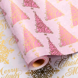 Merture Christmas Wrapping Paper, Pink Christmas Tree & Gold Snowflake Pattern Gift Wrapping Paper for Wedding Valentines Day Bridal Shower Baby Shower - Mini Roll - 17 In x 32.8 Ft (46.5 sqft)