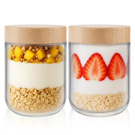 Tecohouse Overnight Oats containers with Bamboo Lids, 2 Pack Chia Pudding Jars with lids, Mason Glass Jars with Airtight Lids For Salad, Meal Prep Food Storage, Snacks, Spice, Suger, Yogurt (2P 16OZ)