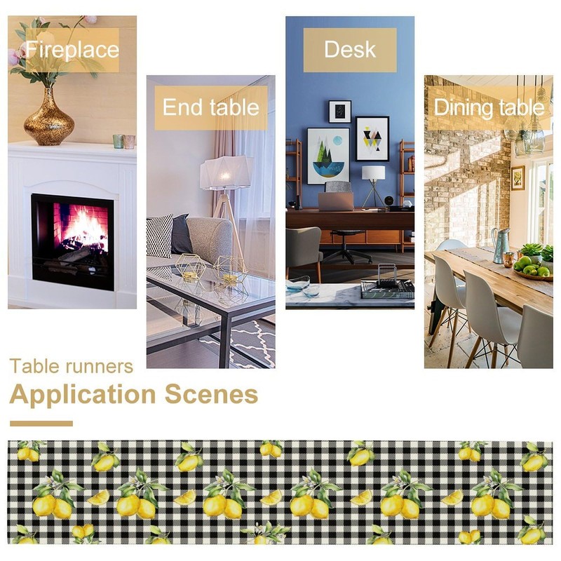 Fresh Lemon Table Runner, Yellow Lemon Black White Buffalo Check