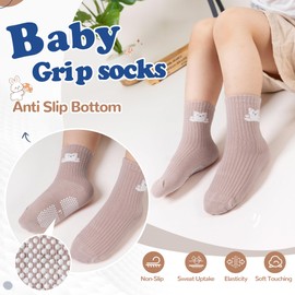WEVIAS Baby Socks Toddler Grip Non Slip Cotton Crew Infant Boys Girls Anti Skid Socks 9 Pairs (Bear/Elephant/Alpaca, 3-5 Years)