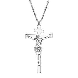 OUSIO Stainless Steel 18K Gold Plated Jesus Necklace Cross Crucifix Bible Prayer Pendant Jewellry For Christian Women Christmas Easter Gifts (Silver Plated)