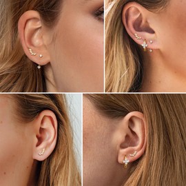 FIASASO 3 Pairs 14K Gold Earrings Hypoallergenic 925 Sterling Silver Stud Earring Huggie Earrings Set Dainty Gold Earrings Small Hoop Earrings Jewelry Cartilage Earrings gold leaf
