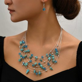 Crystal Layered Statement Necklace for Women Multilayer Beaded Choker Necklace and Earring Set Fashion Prom Jewelry Set(Blue)