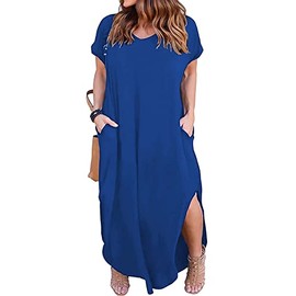 Maxi Dresses for Women Plus Size with Pockets Sleeves Elegant Petite Summer Sundress Blue 1X