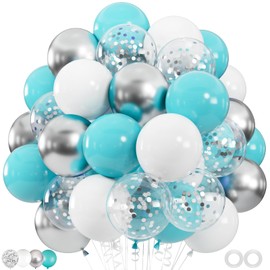 100pcs Teal Blue White Silver Confetti Balloons, 12inch Turquoise, White, Metallic & Glitter Latex Balloons for Wedding Birthday Baby Shower Party Decoration